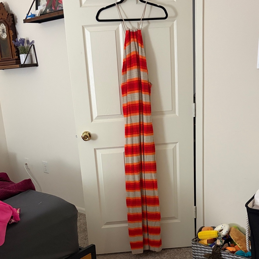 Striped Sleeveless Maxi Dress in Orange, Red & Cream